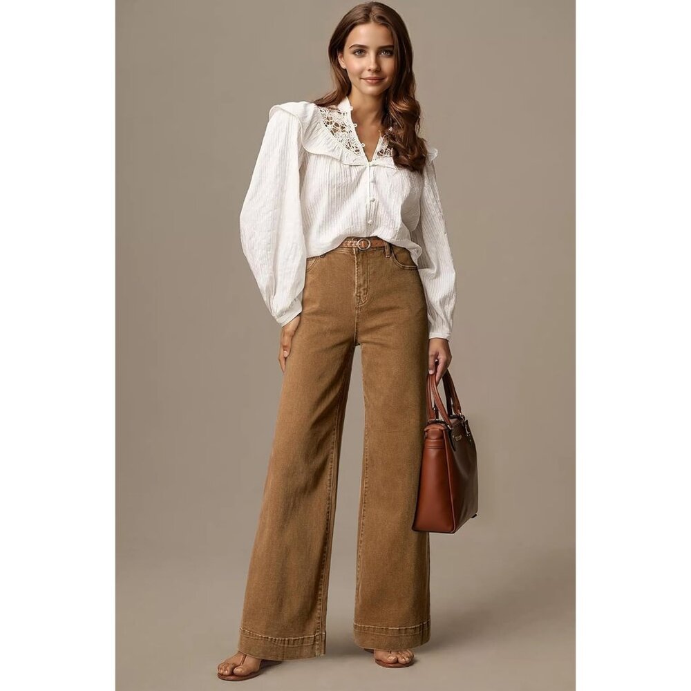 Women Light French Beige Wide Leg Denim Jeans Stretchy Loose Pant with Pockets - Picture 4 of 6